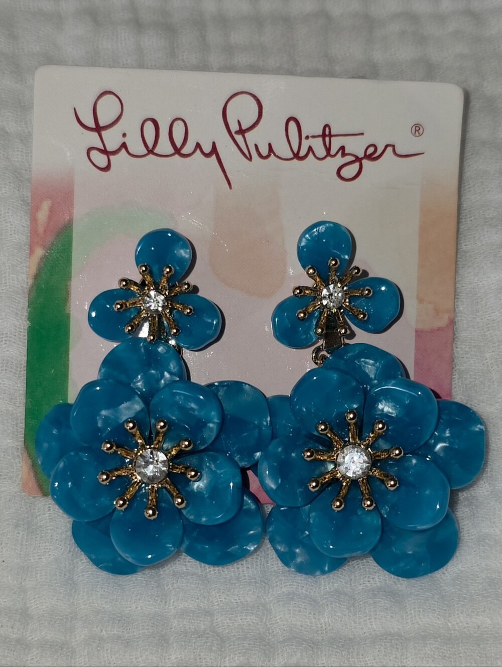 Lilly Pulitzer Turquoise Acrylic & Crystal Double Flower Drop Beach Earrings